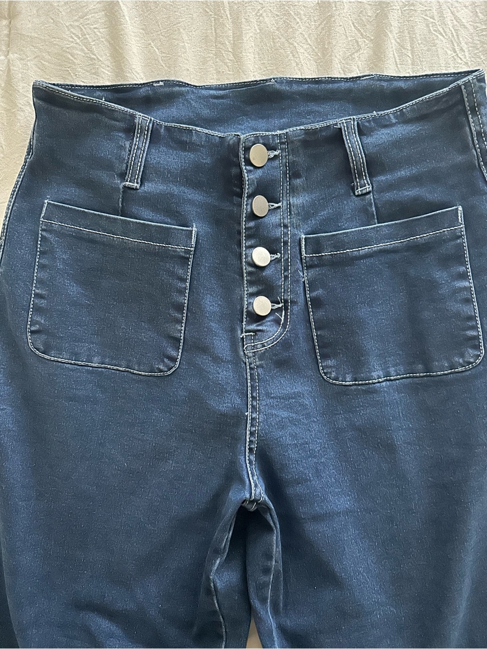 High-Rise Dark Blue Button-Front Women's Jeans with Patch Pockets